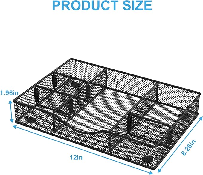 Desk Drawer Organizer Tray, Metal Mesh Drawer Organizers Office, 6 Adjustable Compartment, Desk Organizer Tray for Home Office 12 x 8.26 x 1.96 inch, Black, 1 Pack-NeatNest