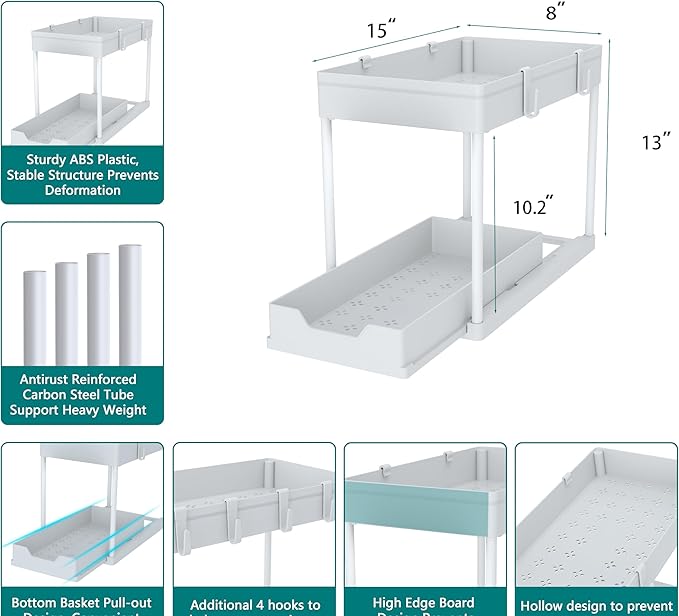 Cabinet, 2 Pack Under Sink Organizer, 2 Tier Sliding Bathroom Kitchen Organizer, Large White ABS Baskets, Easy Install & Clean-NeatNest