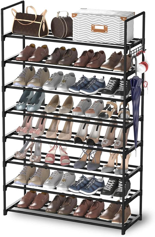 8 Tiers Metal Shoe Rack,Adjustable Shoe Shelf Storage Organizer with Hooks,Stackable Boot & Shoe Storage,for Entryway,Hallway,Closet,Black-NeatNest