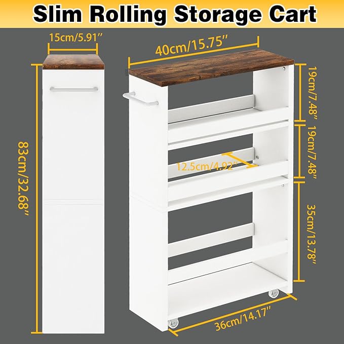 IBUYKE Slim Storage Cart 5.9" W, Rolling Organizer Trolley for Small Spaces, 4-Tier Laundry Cart with Handle, Slide Out Utility Cart for Kitchen, Living Room, Laundry,Narrow Places,White WST005W