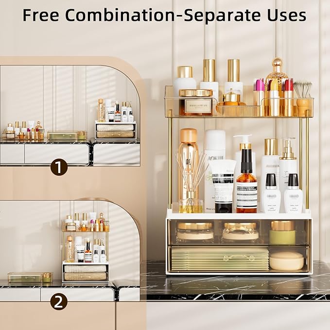 4-Tier 2-Drawer Bathroom Organizer Counter Organization, Multi-Purpose Makeup Skincare Organizers with Compartment, Easy to Install, Exquisit Vanity Shelves, Amber