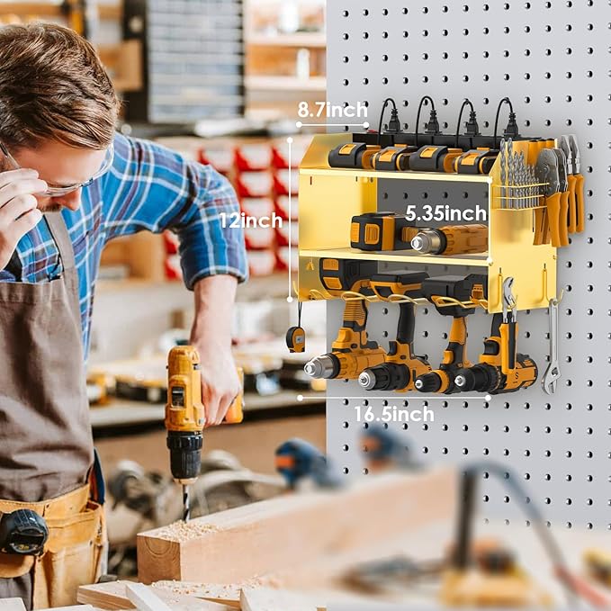 CCCEI Modular Power Tool Organizer Wall Mount with Charging Station. Garage 4 Drill Storage Shelf with Hooks, Drill Bit Heavy Duty Rack, Gold Tool Battery Holder Built in 8 Outlet Power Strip.-NeatNest