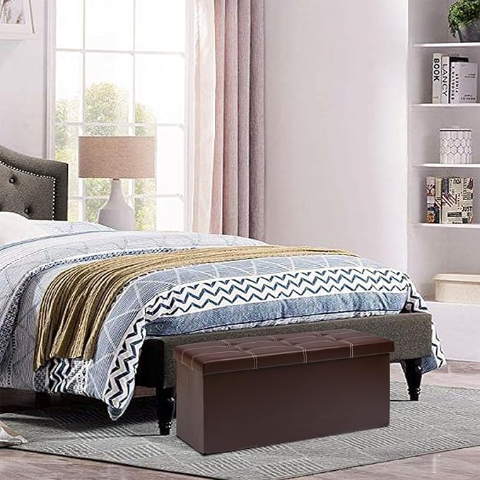 30 Inches Folding Storage Ottoman Bench, Faux Leather Footrest Ottoman, Storage Trunk Footrest for Bedroom, Living Room and Hallway, Support 350lbs, Brown White line