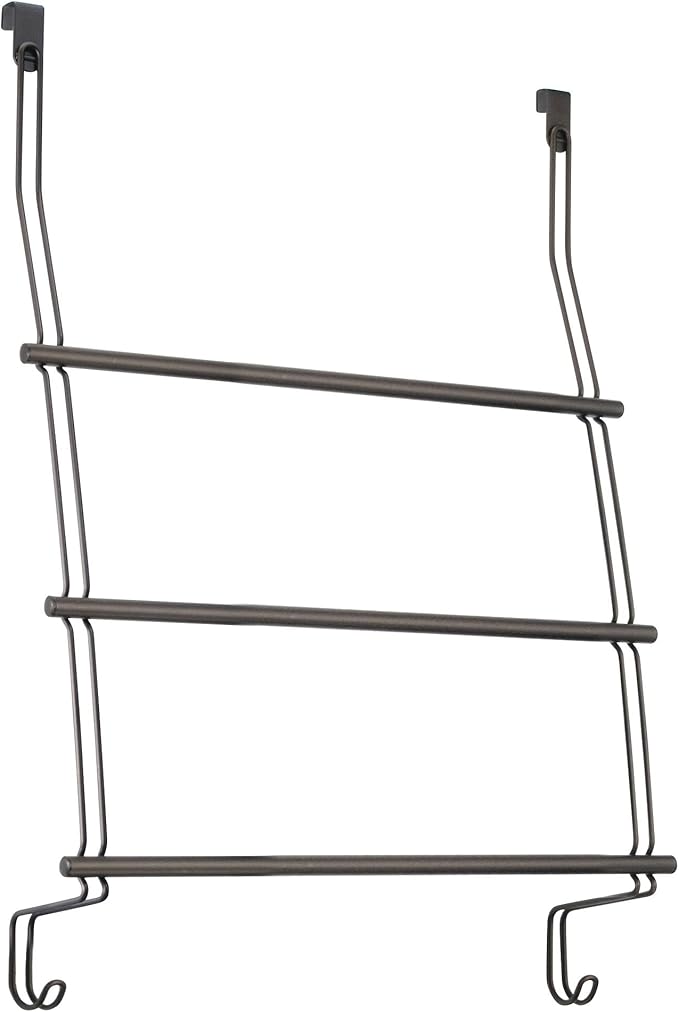 iDesign Classico Steel Over-The-Door Towel Rack with Storage Hooks - 16.75" x 4.25" x 24", Bronze