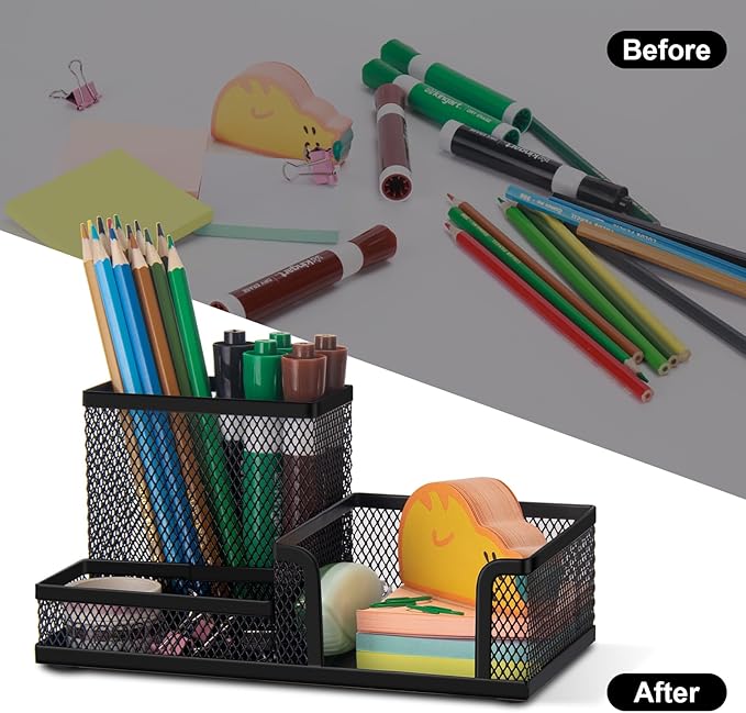 Comix Mesh Pen Pencil Holder Desk Organizer, 3 Compartment Wire Desktop Pen Pencil Cup Caddy Office Supplies Desk Accessories for Home Office School, Black-NeatNest