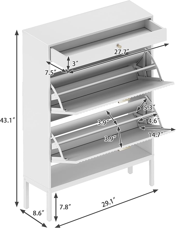 XIAO WEI Shoe Cabinet, Shoe Storage Organizer Cabinet with 2 Flip Wavy Line Drawers, Freestanding Shoe Rack with Adjustable Shelf for Entryway, Hallway(White)-NeatNest