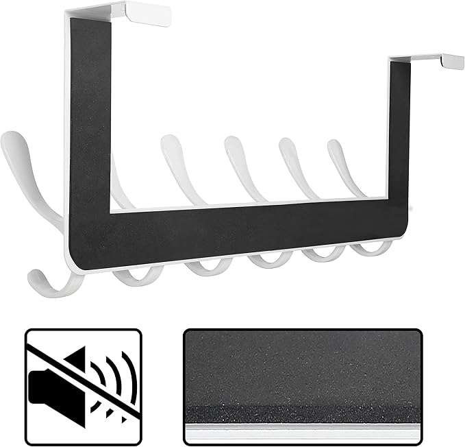 SKOLOO Over The Door Hooks - for Doors up to 4.5cm Thick, No Assembly Required, Stainless Steel Door Hanger with 6 Hooks, Over The Door Hanger for Coats Clothes Hat Towel Jacket, White
