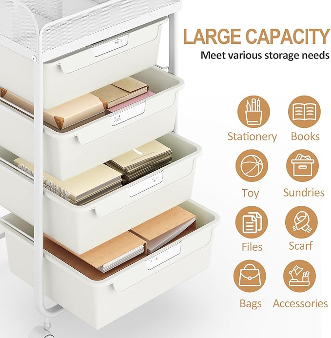 Rolling Cart with 4 Drawers,Craft Cart,Rolling Storage Cart with Drawer,Storage Cart with Drawers, Utility Cart with Drawers,Rolling Drawer Cart & 4 Dividers & 4 PCS DIY Lable,White