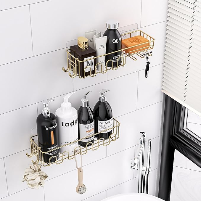Adhesive Shower Caddy: 2 Bonus Hooks, 4-Pack Wall Mounted Bathroom Storage Shelf, Rustproof Metal Basket Organizer for Kitchen & Bathroom No Drill Gold