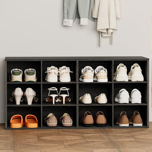 12-Cubby Shoe Rack, 3-Tier Wood Shoe Organizer, Multifunctional Shoe Organizer Bench for Entryway, Mudroom, Hallway, Closet,36.22 * 11.81 * 17.72 Inch,Black-NeatNest