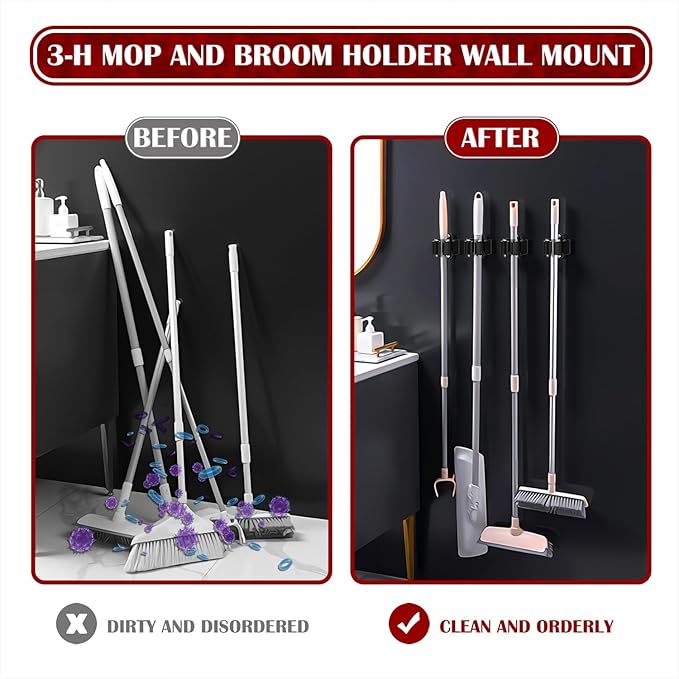 3-H Stainless Steel Broom Holder Wall Mount 15-Pack- Heavy Duty Mop Organizer, Wall Mounted Broom Storage with Secure Mounting for Laundry Garage Bathroom