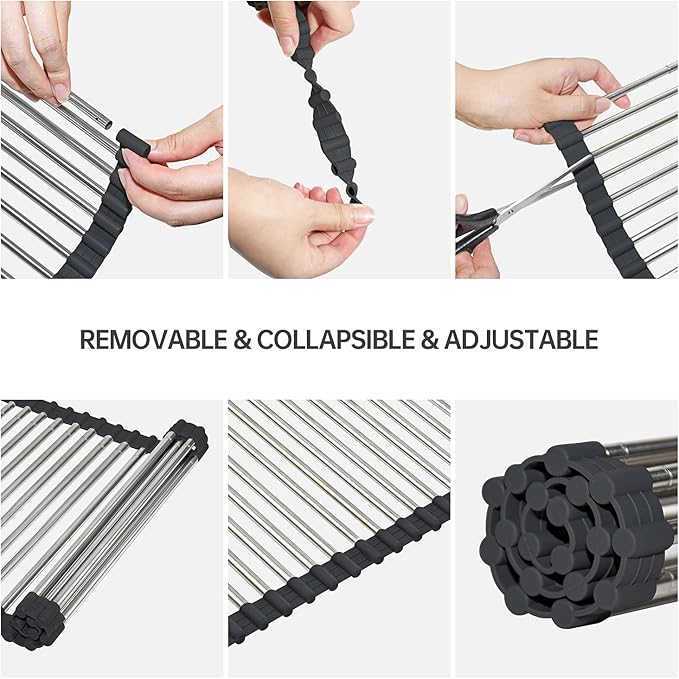 Expandable Large Draining Rack, Roll Up Heat-Resistant Dish Drainer for Stainless Steel Sinks, Collapsible Over The Sink Rack Non-Slip Silicone Rolling Up Rack 18 Tube