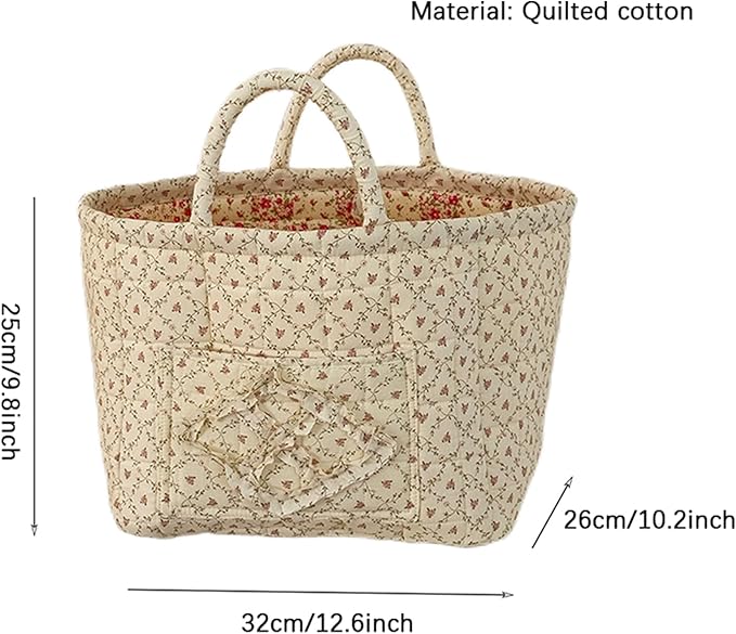 Boho Fabric Storage Basket Quilted Floral Print Baskets Organizer Bin with Handles for Home, Picnic, Shopping (Yellow, L)-NeatNest