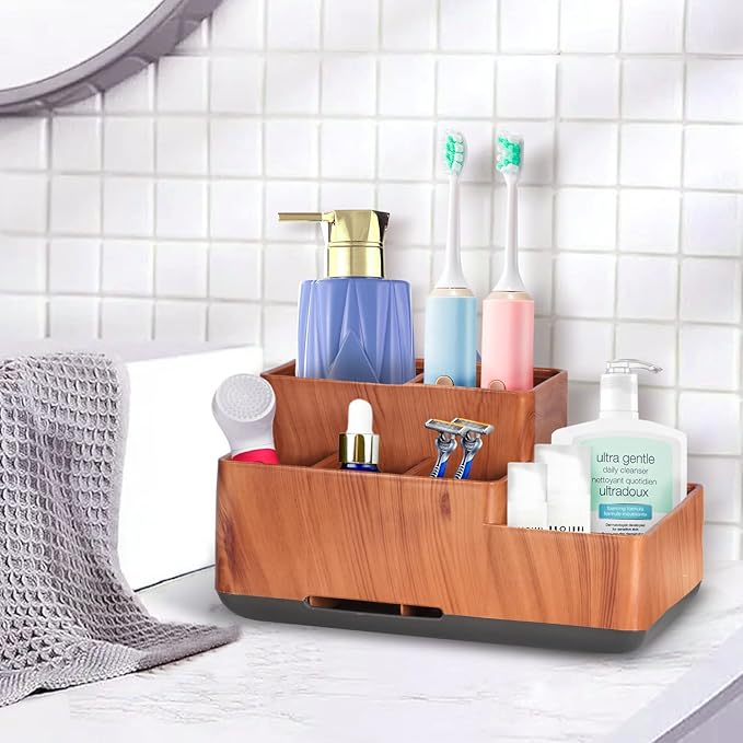 Toothbrush Holder,Bathroom Organizer Countertop, 5 Compartments Multifunctional Storage for Cosmetic, Makeup, Office Stationery Pencil,Toothpaste, Toothbrush,Ideal Gift for Home, Office（Bule）