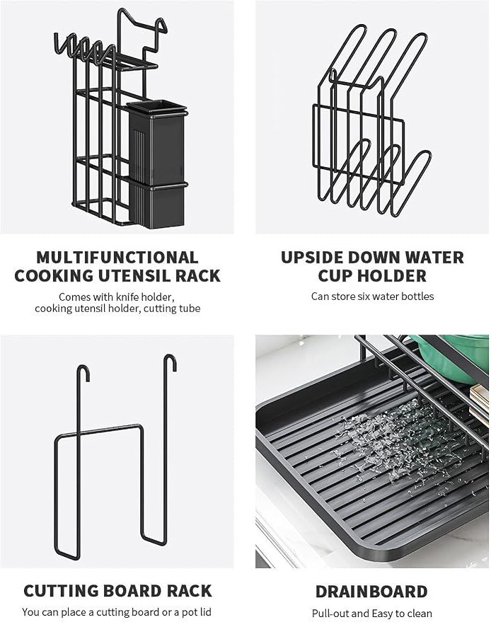 MIUOPUR 3 Tier Detachable Dish Drying Rack with Drainboard, Large Capacity Dish Drainer with Utensil Holder, Space-Saving Kitchen Counter Organizer for Plates, Bowls, Cups, Cutlery, Knifes
