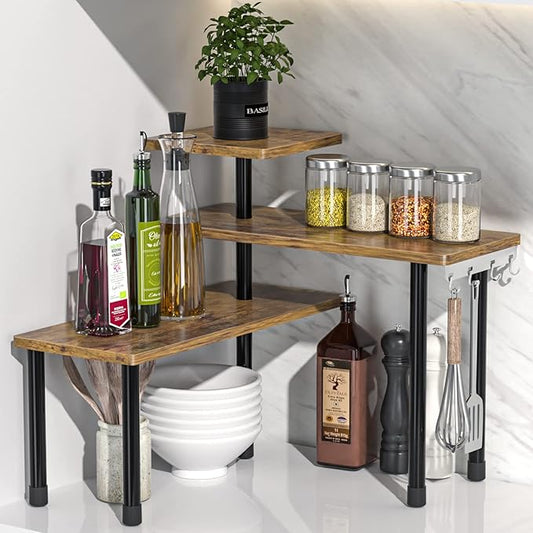 JayRex Countertop Organizer Organization, 3 Tier Moveable Corner Shelf Organizer for Kitchen, Bathroom, Spice Rack, Coffee Area, Over Sink, Dresser Table (Rustic Brown)-NeatNest