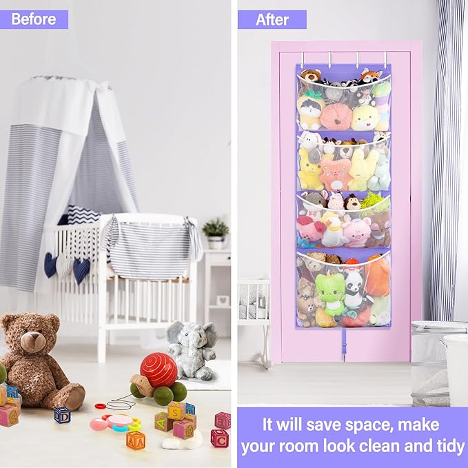 Hanging Stuffed Animal Storage, Over Door Large Plush Toy Organizer with Metal Hook, Baby Accessory Holder Idea for Nursery, Doll & Bear Mesh Hammock Bag for Girl Boy Kid Room-NeatNest
