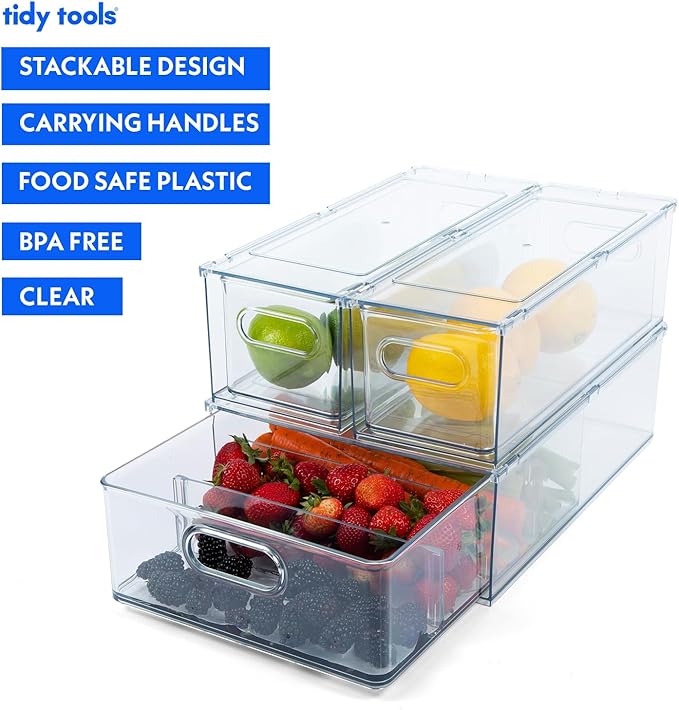 Clear Refrigerator Organizer Bins For Pantry Organization and Food Storage, Stackable Plastic Storage Bin With Pull-Out Drawer – Kitchen Containers, 3 Pack