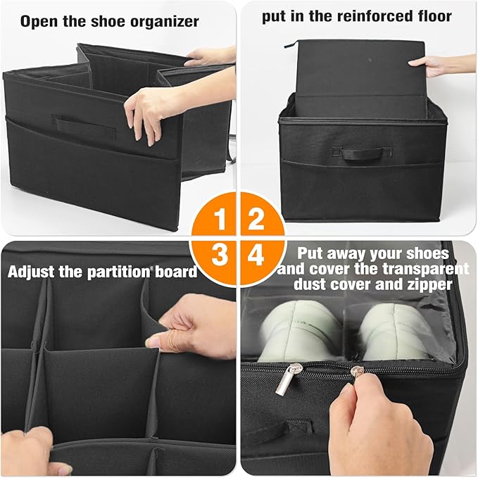 16 Pairs Shoe Organizer Storage for Closet, Foldable Shoe Dividers for Storage Bins with w/Adjustable Dividers Clear Shoe Box Containers, Black-NeatNest
