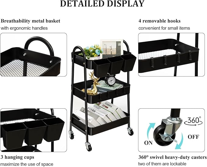 danpinera 3-Tier Rolling Cart, Metal Rolling Storage Cart with Lockable Wheels & Hanging Cups & Hooks, Mobile Trolley Cart for Kitchen, Bathroom, Office, Workshop, Black-NeatNest