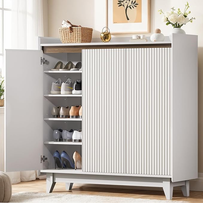 Shoe Storage Cabinet with 3 Doors, 43.7" Tall Fluted Shoe Cabinet for Entryway, 6-Tier Freestanding Shoe Rack Organizer for Foyer, Hallway, White-NeatNest