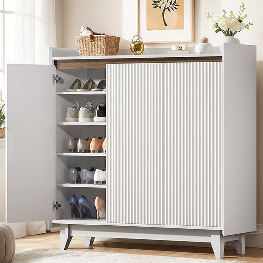Shoe Storage Cabinet with 3 Doors, 43.7" Tall Fluted Shoe Cabinet for Entryway, 6-Tier Freestanding Shoe Rack Organizer for Foyer, Hallway, White-NeatNest