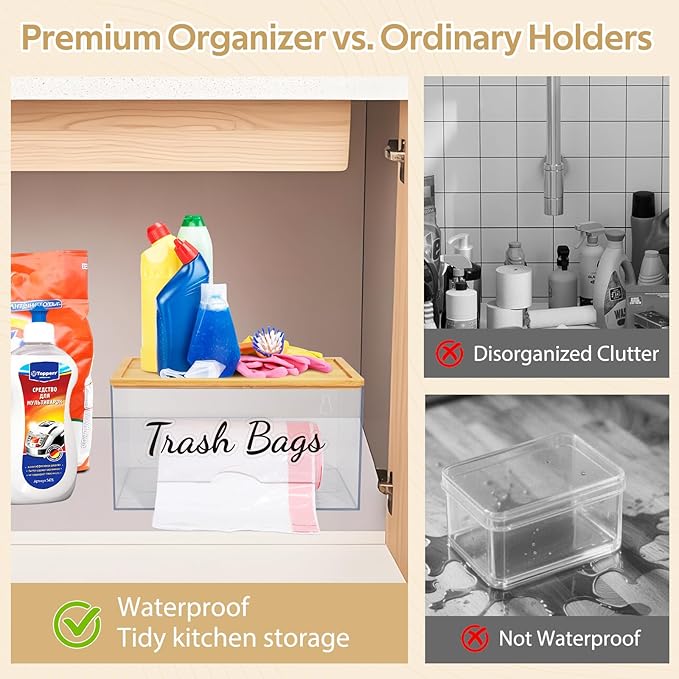 JYPS Stackable Storage Trash Bag Holder With Bamboo Lid, Wall Mounted Garbage Bag Dispenser Holder, Laundry Room Organization,Pantry Organizers and Storage Under Sink Organizer,No Drill,Small