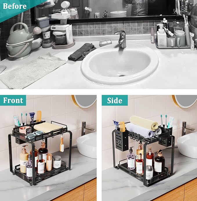 Bathroom Counter Organizer, Large 2 Tier Bathroom Countertop Organizer Rack with 2 Toothbrush Holder for Men, Metal Standing Toiletries Caddy Shelf, Black, 12.2''L x 7.6''W