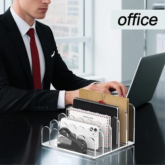 YAGELI 2 Pack 5-Slot Acrylic Mail Organizer for Desktop – Scalloped Clear Document Sorter, Vertical File Holder for Office/Home, Space-Saving Desk Organizer for Letters,Envelope,Bills,Stationery