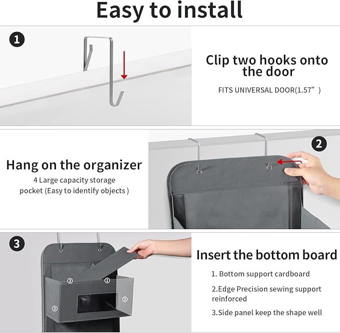 5-Shelf Over The Door Hanging Organizer with 2 Metal Hooks，5 Pocket Over The Door Wall Mount Storage with Clear Windows for Baby Nursery Bathroom Closet,Bedroom,Dorm (Gray-2 Pack)-NeatNest