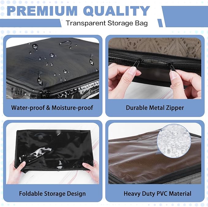 Clear Zippered Storage Bags Plastic Sweater Storage Bags with Zipper 6 Packs Clothing Organizer for Blankets Linen Sweater Bed Sheet Quilt Clothes Pillow (18 x 15 x 9 Inch, Black)-NeatNest