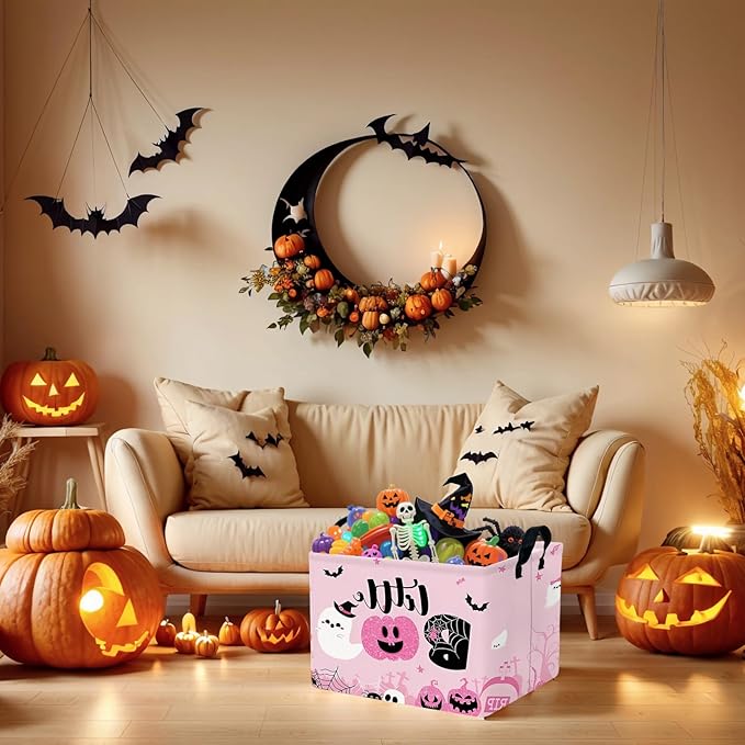 Halloween Basket Gift Cute Pumpkin Ghost Parties Decor Kid Trick or Treat Basket for Boys and Girls Rectangular Storage Bin Box (Pink)-NeatNest