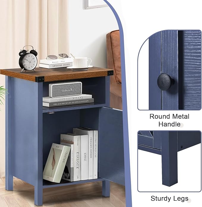 Catrimown Farmhouse Nightstand Set of 2 with Barn Door and Shelf, Side Table, Rustic End Table for Bedroom, Living Room, Navy Blue-NeatNest