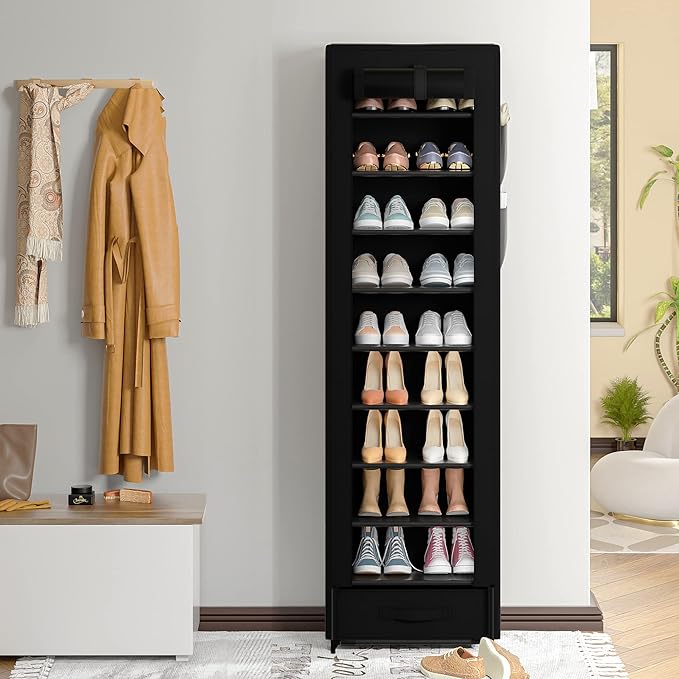 Shoes Rack 10 Tier Tall Shoe Rack Narrow Shoe Rack with Storage Box,Fabric Covered Metal Shoe Rack Organizer for Closets-NeatNest