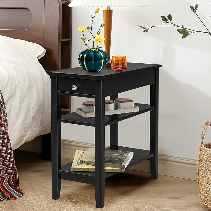 Giantex Set of 2 End Table with Drawer, Narrow Side 2-Tier Open Storage Shelves, Slim Compact Nightstand Bedside for Living Room Bedroom, Black
