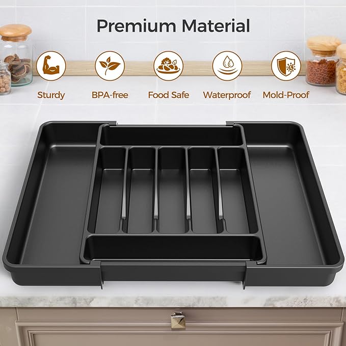 Extra Large Expandable Silverware Organizer, BPA-Free Food-Safe Cutlery Flatware Organizer, Kitchen Utensil Drawer Organizer, Adjustable Silverware Holder for Spoons Forks Knives, Black-NeatNest