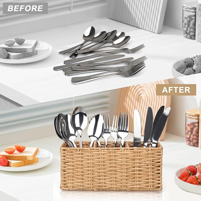 Ayiaren Wicker Flatware Silverware Caddy Cutlery Holder Kitchen Silverware Organizer Storage for Countertop Small Utensil Holders Party Table Spoon Knives Fork Holder Flatware Utensils Caddy Basket-NeatNest