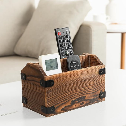 Brown Torched Wood Remote Control Organizer Burnt Wooden Tabletop Storage Caddy Two Compartment Holder TV Game Consoles Cell Phone Kitchen Utensils Office Supplies Living Room Home Bedroom-NeatNest