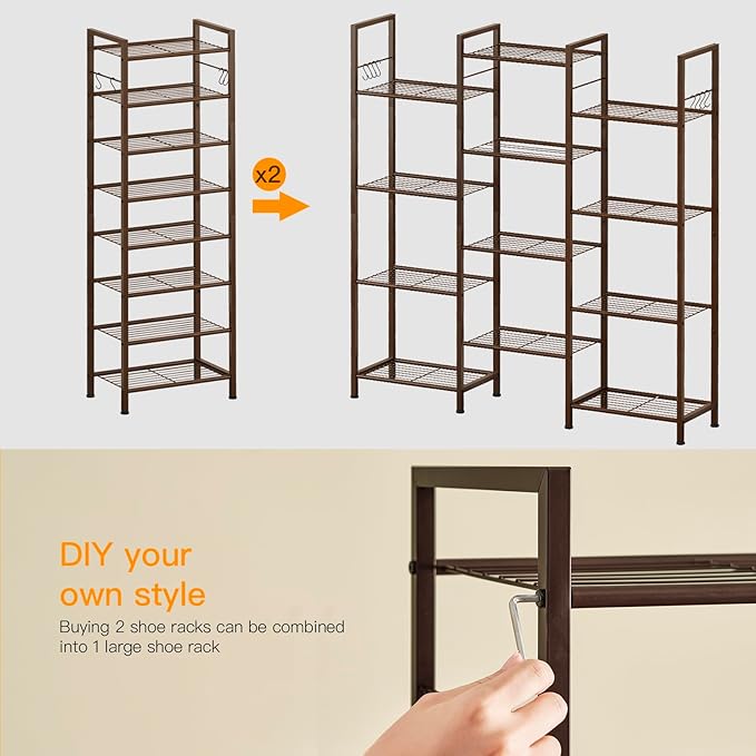 usikey 8 Tiers Narrow Shoe Rack 16-24 Pairs, Sturdy Metal Tall Shoe Rack with 4 Hooks, Slim Shoe Storage Organizer with Metal Shelf, Space Saving Vertical Shoe Shelf for Entryway, Closets, Bronze-NeatNest