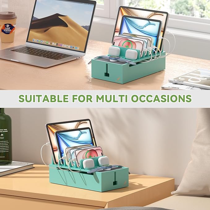 Pezin & Hulin Bamboo Charging Stand Rack, Wooden Charge Box for Mobile Phones, Tablets, Smart Watch and Earbuds, Wire Cable Organizer Box, Bedside Dock Stand Holder (NO Power Adapter Supply)-Teal
