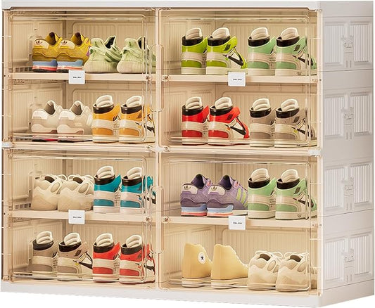 JEKO&JEKO 4 Tiers Foldable Shoe Rack Organizer Cabinet for Closet Entryway, Large Collapsible Shoe Storage Box with Magnetic Doors Fits Up to 16 Pairs (White)-NeatNest