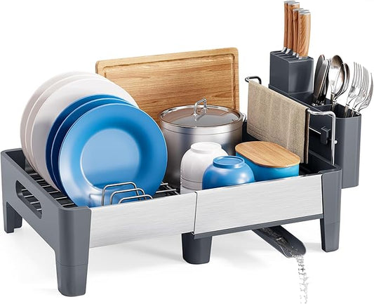 Expandable Dish Drying Rack, Stainless Steel Dish Rack with Aluminum Frame, Dish Racks for Kitchen Counter, Space Saving Kitchen Drying Rack with Movable Utensil Holder,Gray