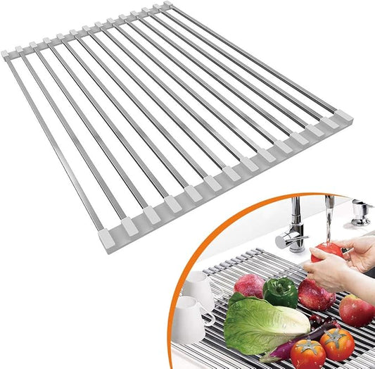 LUEXBOX Roll Up Dish Drying Rack, 17 inch Stainless Steel in Sink Dish Drying Rack, Multipurpose Foldable Kitchen Sink Rack Mat for Dishes, Cups, Fruits Vegetables, Multi-Use Drying, Draining