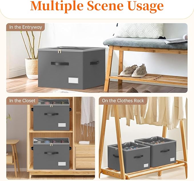 3 Pack Shoe Organizer for Closet, Foldable Shoe Storage Containers, Fits up to 24-48 Pairs, Shoe Storage Organizer Box Cubby Baskets Bins with Clear Cover and Reinforced Handles, Gray-NeatNest