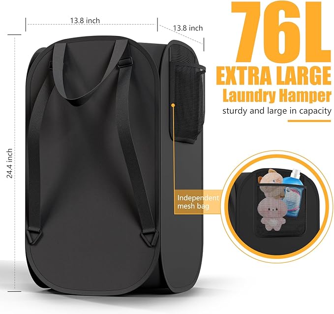 2 Pack Collapsible Backpack Laundry Bag Made by Strong Polyester Oxford Cloth, 76L Heavy Duty Large Hamper with Adjustable Shoulder Strap, Foldable Basket with Mesh Pocket for Dorm, Travel, Apartment-NeatNest
