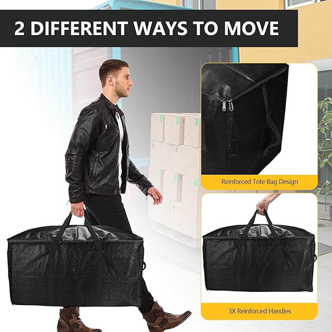 Extra Large Storage Bags Set Heavy Duty Moving Totes with Handles & Clear Tag Pocket, Waterproof Dual-Way Carrying Design College Moving Supplie, (Black, 14 Park-4 Moving bag & 10 Vacuum Seal Bags)