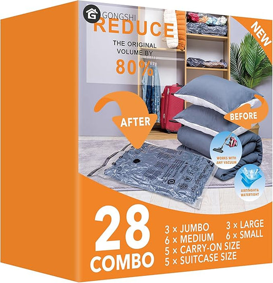 28 Pack Vacuum Seal Bags For Clothing,(3 Jumbo, 3 Large, 6 Medium, 6 Small, 5 Travel roll up bags,5 small Travel roll up bags) Space Saver Bag for Clothes, Blanket, Duvets, Pillows, Comforters-NeatNest