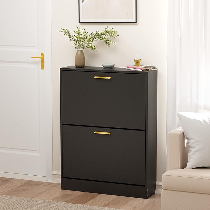 JOZZBY Shoe Cabinet Storage for Entryway, Slim Black Hidden Shoe Organizer Cabinet with 2 Flip Drawers, Wooden Narrow Shoe Rack with 2 Tier Freestanding for Hallway, Living Room-NeatNest