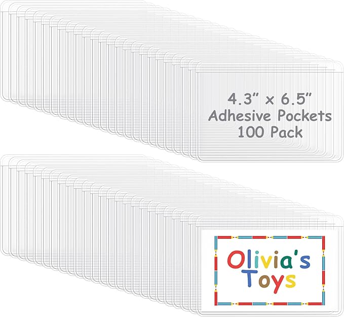 Jeyiour 100 Pcs Label Holders Adhesive Nameplate Pockets Storage Bin Labels Index Card Holder Shelf Plastic Peel Stick for Classroom Supermarket Bookshelf Library Student Box Drawer (4.3 x 6.5 Inch)