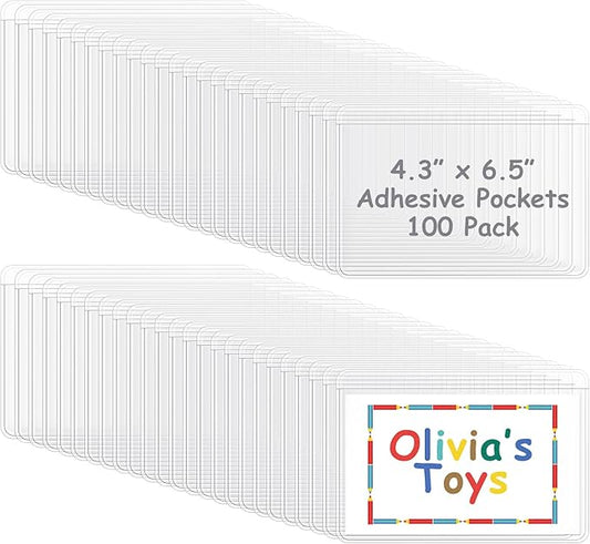 Jeyiour 100 Pcs Label Holders Adhesive Nameplate Pockets Storage Bin Labels Index Card Holder Shelf Plastic Peel Stick for Classroom Supermarket Bookshelf Library Student Box Drawer (4.3 x 6.5 Inch)